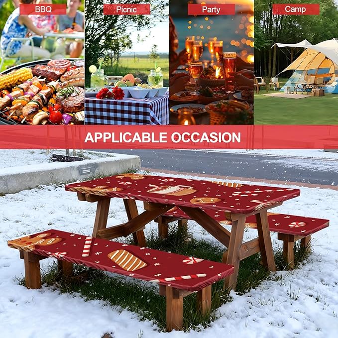 Picnic Table Cover with Bench Covers Set of 3, Elastic Fitted Tablecloth for 6 Foot Tables, Washable Polyester Tablecloths for Camping, Indoor & Outdoor