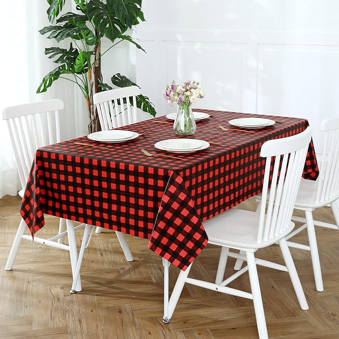 Romanstile Rectangle Vinyl Tablecloth, 100% Waterproof Buffalo Gingham Plastic Table Cloth, Heavy Duty Wipeable Checkered Table Covers for Outdoor, Camping, Picnic, Patio - 54 x 108, Black and Red