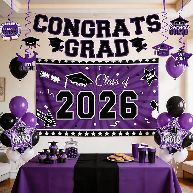 Graduation Decorations 2026, Purple Black Graduation Party Decorations Set with Class of 2026 Backdrop Congrats Grad Banner 18inch Foil Grad Star Balloons Hanging Streamers Kit for High School College