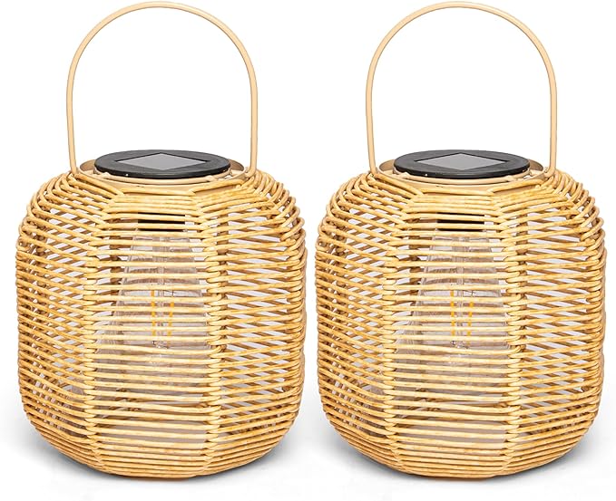 HPC Decor 2 PK Solar Lanterns-Outdoor Lanterns Waterproof, Rattan Solar Lights, Hanging Solar Lanterns Outdoor,Solar Lamp Lights,Decoration Lights for Garden,Patio,Porch,Trees,Pathway,Outside.