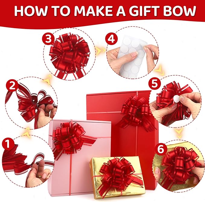 24pcs Red Pull Bow for Gift Basket Wrapping Xmas Gift Bows Presents Adhesive Wrap Ribbon Bow for Christmas Tree Bottles Bouquet Flower Valentine's Day Party Decor (Red-G)