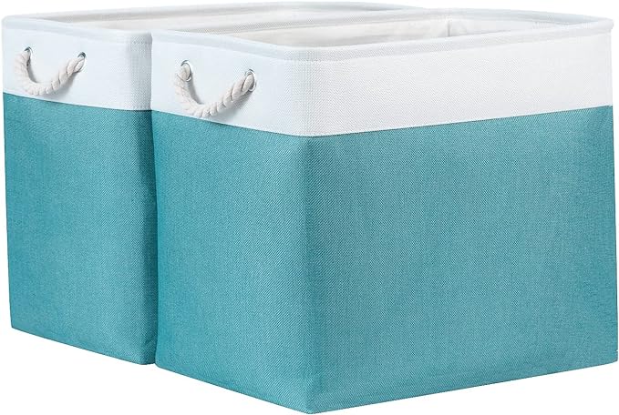 Bidtakay Storage Baskets Extra Large 17x12x15 In Teal Blue Nursery Toy Baskets Fabric Long Shelf Baskets for Organizing Set of 2 Linen Closet Bins for Shelves Decorative Blanket Basket Living Room