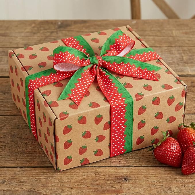 Strawberry Wired Edge Burlap Ribbons 2 Pack - 2.5 Inch Spring Theme Ribbon Set, 5 Yards Each for Wreaths Crafts Decorations Gift Wrapping