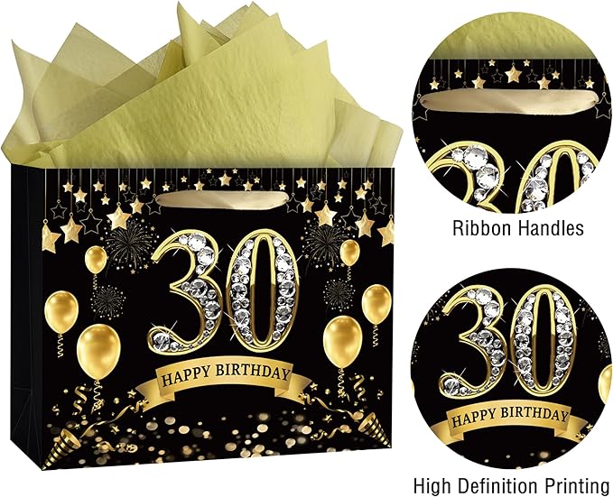 OIIVPOK 30th Birthday Gift Bag, Happy Birthday Bag with Tissue Paper and Greeting Card for Party, Happy 30th Bithday Bags for Women Men, 12.6" Medium Gift Bags (30th)