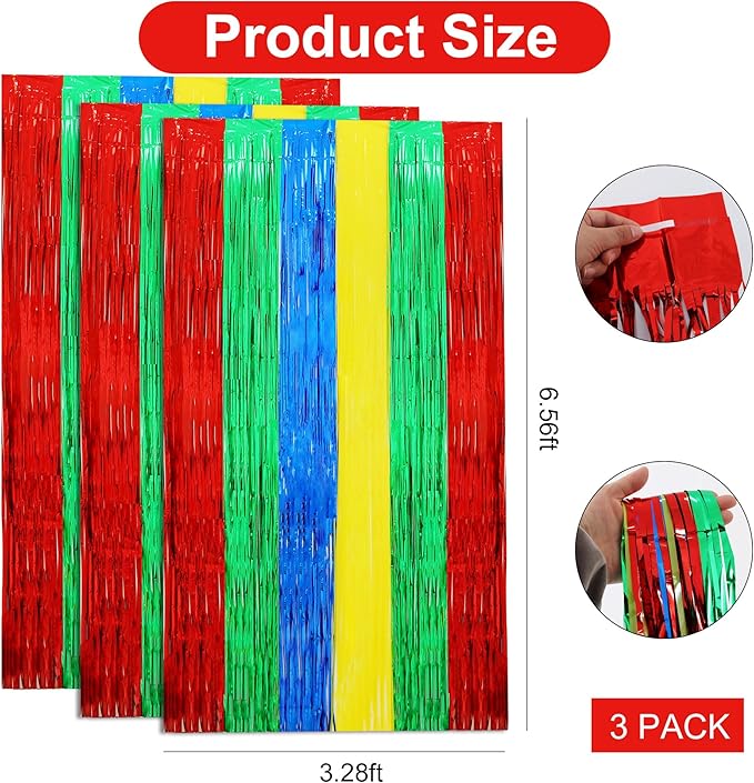 BEISHIDA 3Pcs Red Green Blue Yellow Streamer Backdrop Foil Fringe Tinsel Curtains Backdrops for Super Bros Birthday Video Game Baby Shower Decorations Party Supplies (3.28 ft x 6.56 ft)