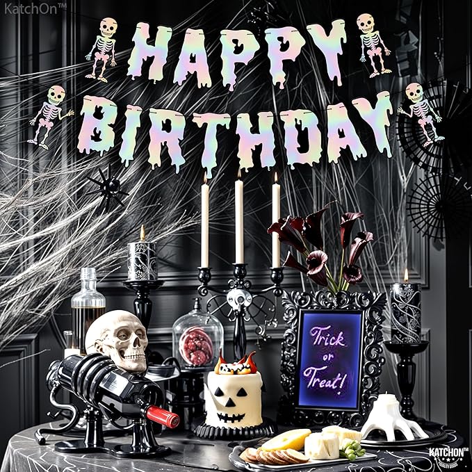 KatchOn, Iridescent Silver Halloween Happy Birthday Banner Decorations - 10 Feet, No DIY | Spooky Birthday Decorations | Halloween Decorations Indoor | Spooky Happy Birthday Banner