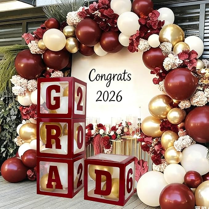 2026 Graduation Decorations - 4Pcs Maroon Balloon Boxes with Letters 2026&Grad for Preschool Kindergarten Middle High School College Graduation Party Decorations Class of 2026