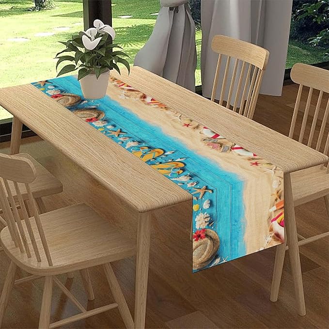 Summer Coastal Table Runner, Nautical Starfish Beach Seashell Ocean Retro Wooden Plank Seasonal Coffee Table Center Decor for Home Kitchen Dining Patio Holiday Party Table Decorations 13"x90"