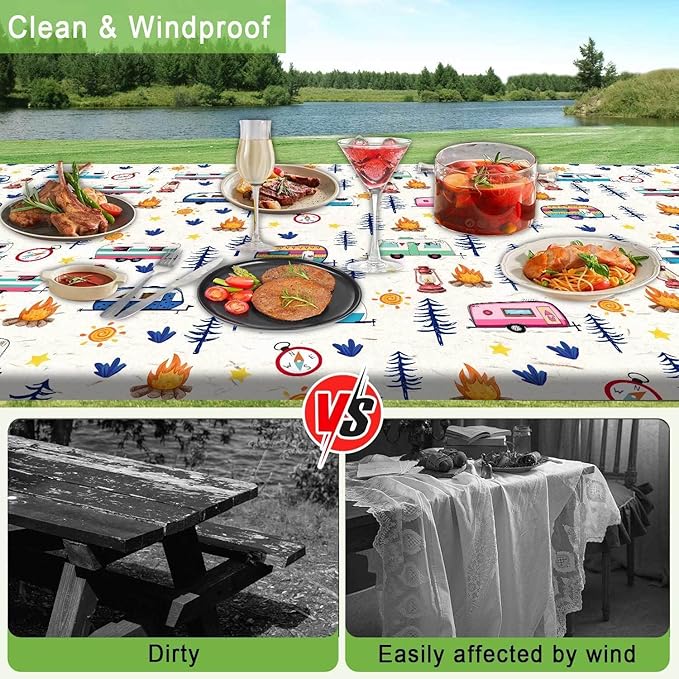 Camping Picnic Table Cover with Bench Covers, Wooden Camper RV Camping Tablecloth Fitted Picnic Table Covers for Indoor Family Garden Outdoor Party Decorations, 3 Pieces Set, 30X72in
