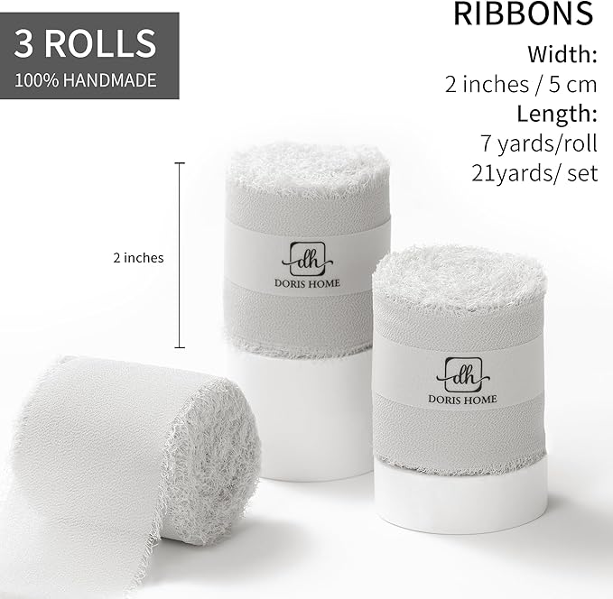 DORIS HOME Light Grey Chiffon Ribbon for Flower Bouquet, 2" x21Yd Fabric Ribbon for Gift Wrapping, Handmade Frayed Ribbon for Wedding, Chiffon Silk Ribbon for Christmas Decorations