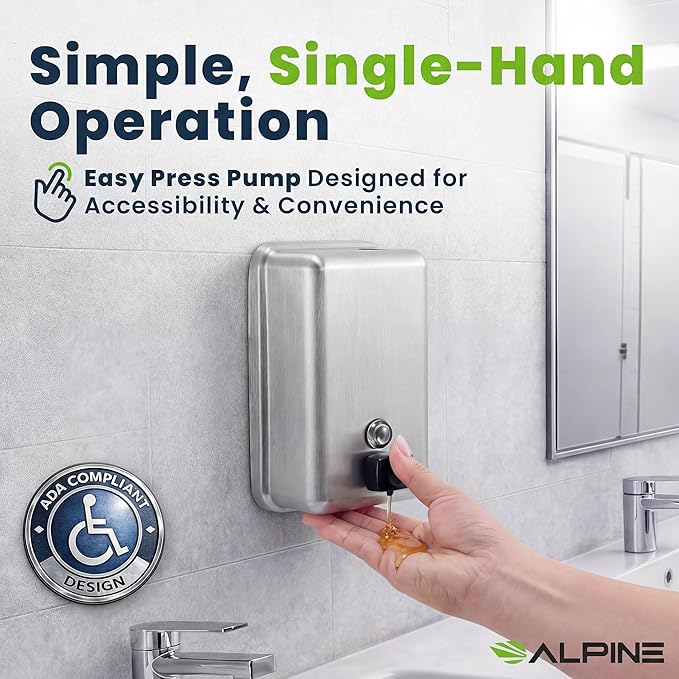Alpine Commercial Wall-Mounted Soap Dispenser – Stainless Steel, Liquid, Manual Pump, ADA Compliant, 1200ml for High-Traffic Bathrooms - 2 Pack