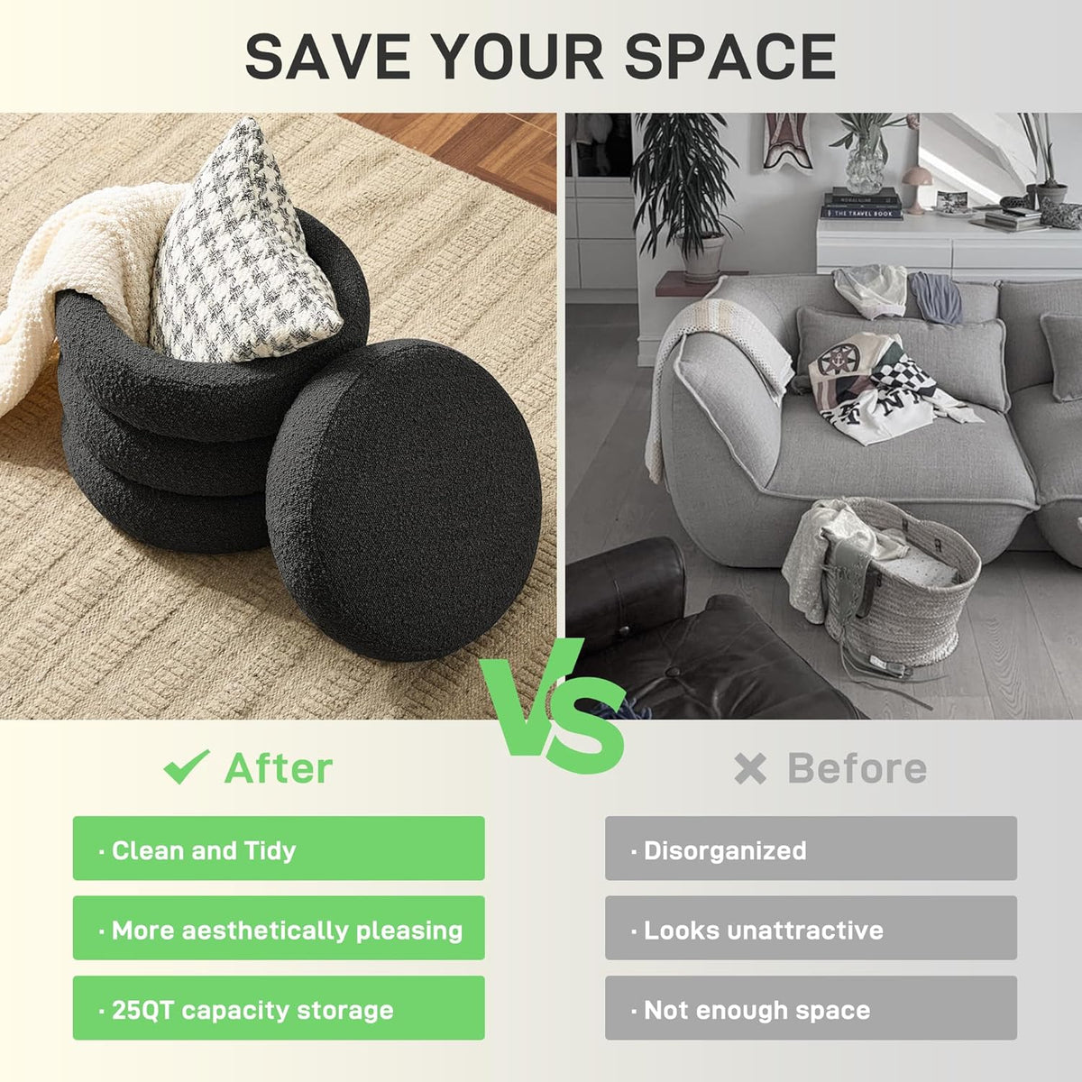 Round Ottoman with Storage Boucle Ottoman Stool with Storage Removable Lid for Living Room Modern Vanity Sorage Stool Foot Rest Bedroom Dorm Gifts Set of 2 (Black)