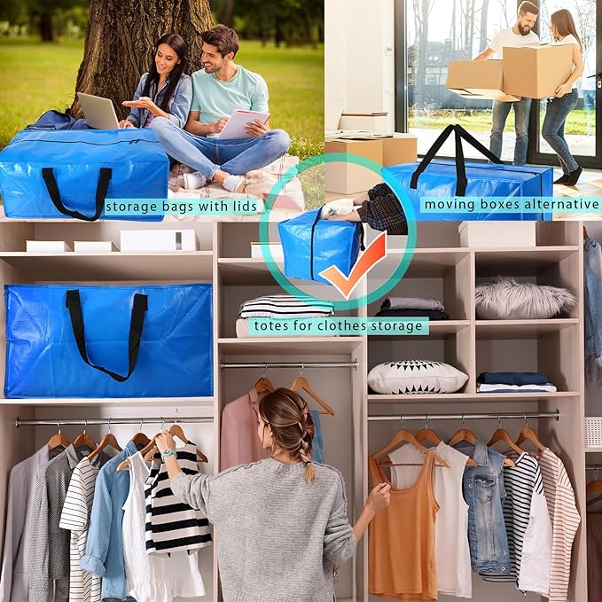 8 Pack Heavy Duty Extra Large Moving Bags Storage Tote - Strong Handles& Backpack Straps - Space Saving Storage Bags Alternative to Moving Boxes and Bins,Compatible with Ikea Frakta Cart, Blue