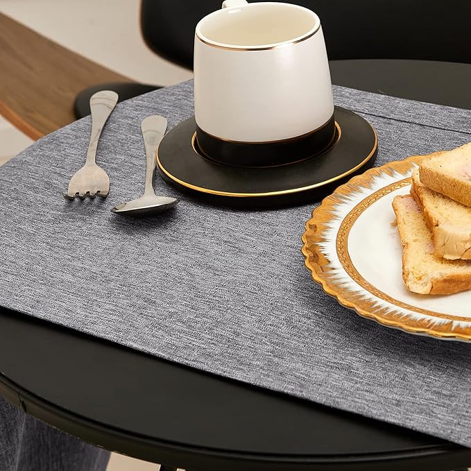Mebakuk Linen Farmhouse Table Runner Large Burlap Style Soft and Waterproof Decorative Fabric Runner for Outdoor Wedding and Dinner (14 x 132 Inch, Dark Grey)