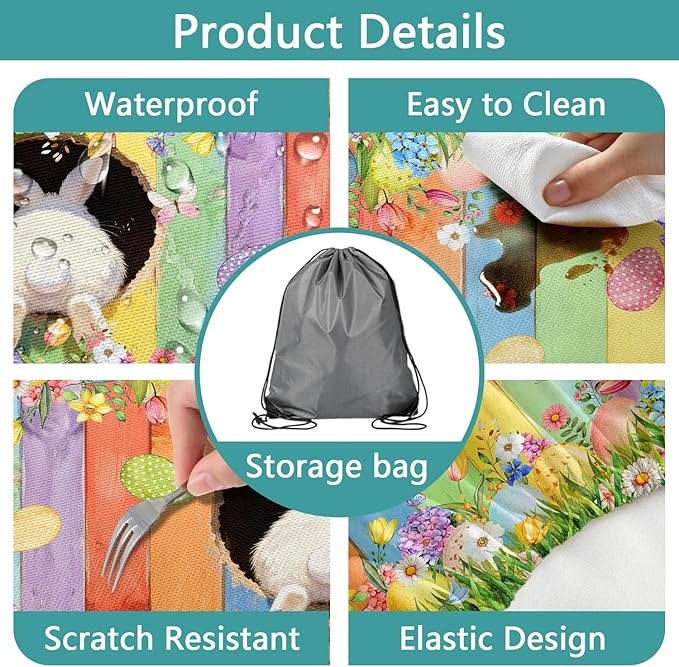 Easter Picnic Table Cover with Bench Covers, Cute Bunny Flower Colorful Wooden Board Camping Tablecloth, Waterproof Windproof, Fitted Tablecloth Cover with Elastic Edge, for Outdoor, 3 PCS, 30x60 Inch