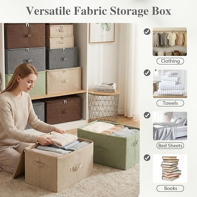 ANMINY 3PCS Storage Bins with Zipper Lids 13 Qt Lidded Fabric Storage Boxes Baskets Cubes with Handles Collapsible Washable Cotton Linen Closet Shelf Clothes Organizer Containers - Gray, Small