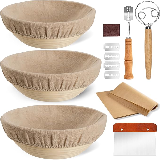 Banneton Bread Proofing Basket Set of 3, Kikcoin 8" & 9" & 10" Round Sourdough Bread Baking Supplies, Banneton Basket with Parchment Paper Sheets