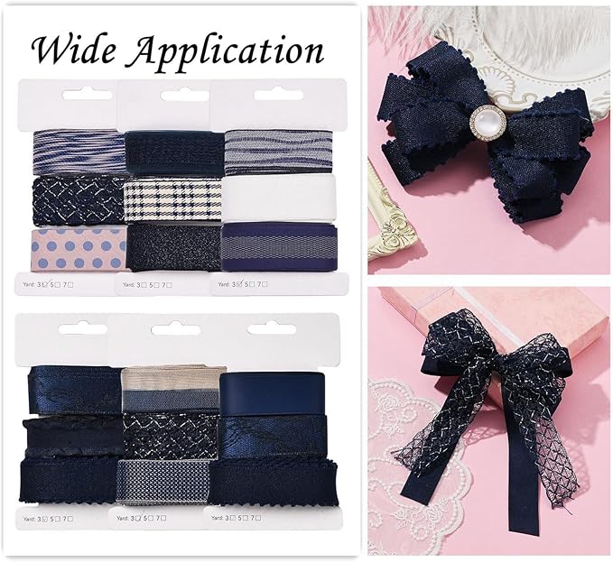 BEEFLYING 3 Styles Navy Blue Wire Edged Ribbons for Gift Wrapping Decoration 25~28mm×2.7m Organza Lace Ribbons Fabric Ribbons for Wedding Party Hair Bows Flower Designs Sewing and Craft, 9 Yards