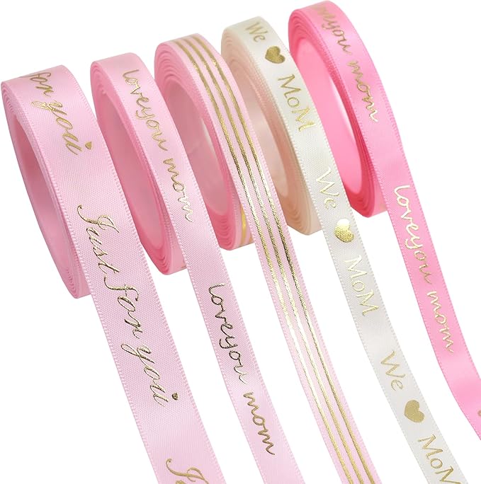 Mother’s Day Ribbon Set – 5 Rolls Satin Gift Flower Ribbons with Gold Foil Letters – 5 Yards Each, 10mm & 16mm – Love You Mom, Just for You, We Mom – Gift Wrap, Flower Wrap, Crafting, DIY (5)