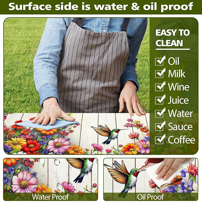 Floral Picnic Table Cover with Bench Covers, Camping Bird Flower Wooden Spring Essentials Waterproof Windproof Camping Tablecloth with Drawstring Bag, Fitted Rectangle Tables and Seats, 60in