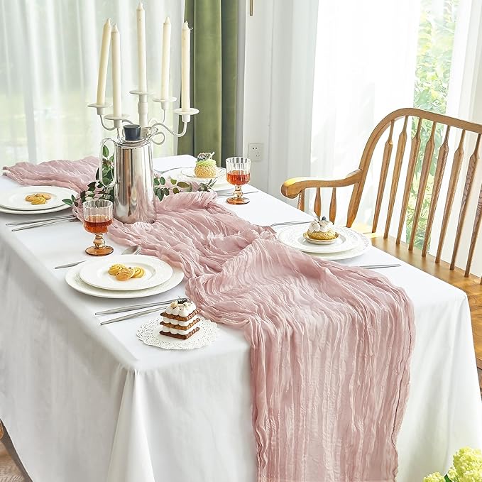 IVAPUPU 2 Pcs Cheesecloth Table Runner - 10ft Dusty Pink Boho Rustic Gauze Cheese Cloth Table Runner for Baby Shower Decorations Wedding Party Spring Garden Farmhouse Mothers Day Decor