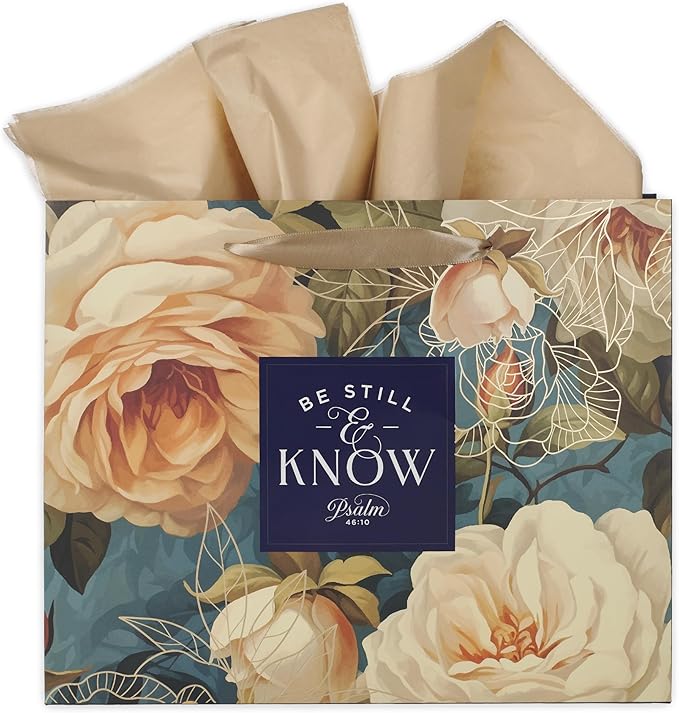 Christian Art Gifts Large Landscape Inspirational Scripture Gift Bag, Tag & Wrapping Tissue Paper Set for Women: Be Still Psalm Encouraging Bible Verse, Satin Ribbon Handles, Multicolor Rose Floral