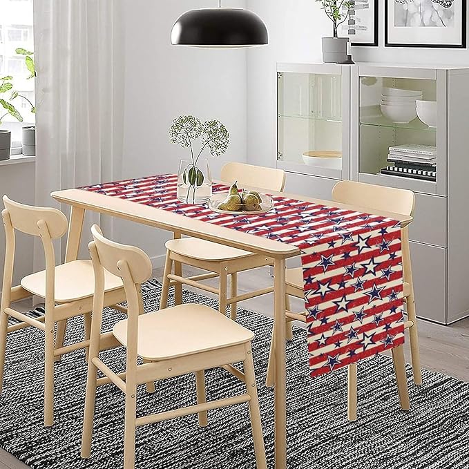 4th of July Table Runner, Vintage American Independence Day Stripes and Stars Patriotic Table Center Decor for Home Kitchen Dining Party Outdoor Holiday 13x108in