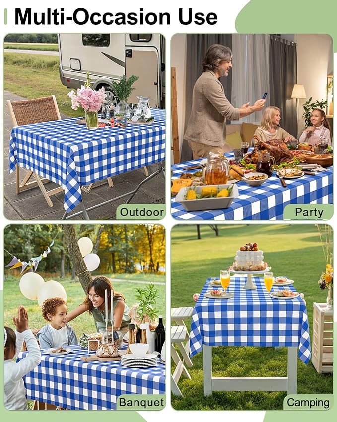 Smiry 12 Packs Gingham Disposable Table Cloth, 54 x 108 Inch Waterproof Plastic Tablecloth, Rectangle Blue and White Checkered Table Covers for Picnic, Birthday, Party