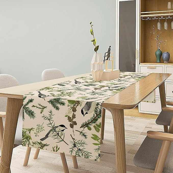 Bird Spring Table Runner,Vintage Watercolor Perching Birds Green Pine Branches Table Runner for Kitchen Dining Table Holiday Indoor Outdoor Home Party Decor 13x90in