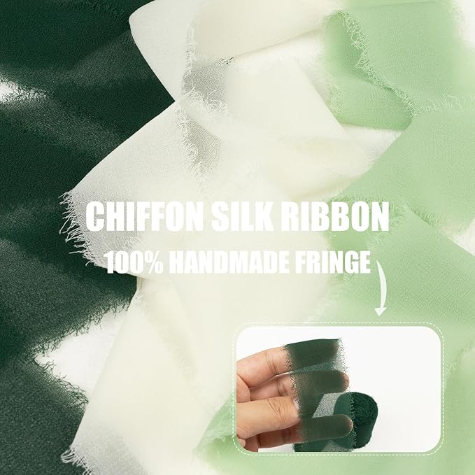 Green Chiffon Ribbon 1.5 Inch x 21Yds Handmade Fringe Chiffon Silk Ribbon Green & Cream Frayed Chiffon Ribbon for Wedding Invitation Flower Bouquets Gift Wrapping Bridal Shower Baby Shower