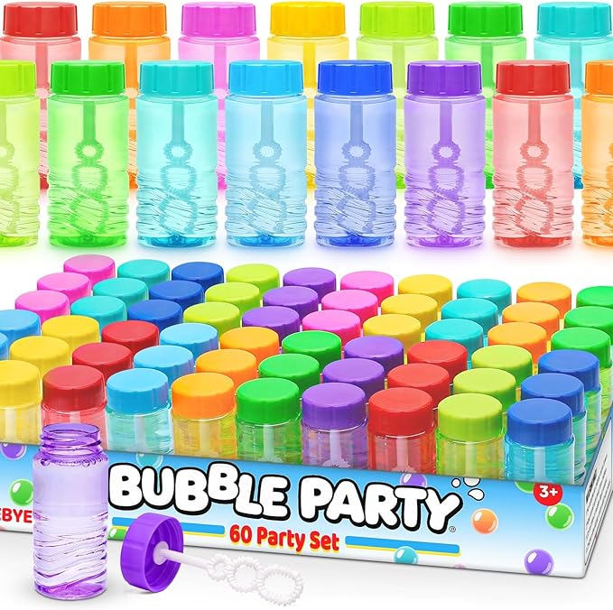Bulk Neon Bubble Solution Bottles - Lid-Attached Wands, Party Favor Set in Display Box, 60 Pcs | Birthday Decor, Goody Bag Stuffers Supplies, Pinata Fillers, Carnival & Summer Outdoor Toy Gift for Kid