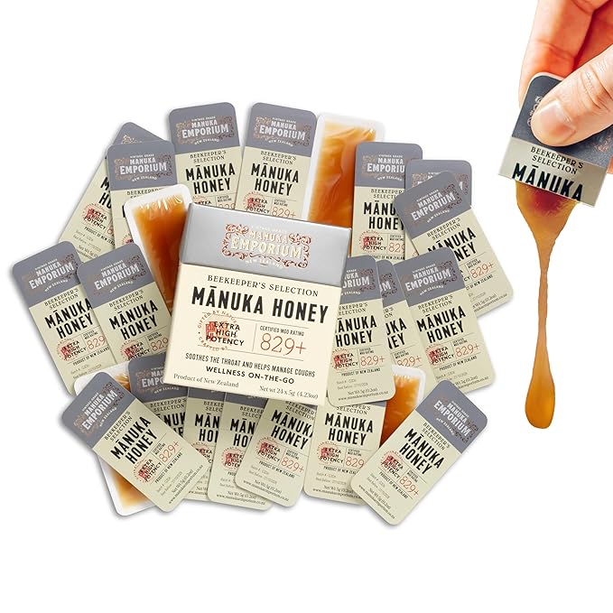 Manuka Emporium Raw Manuka Honey Packets MGO 829+, 24 x 0.18oz Extra-Potent Snaps, Certified Monofloral New Zealand Honey