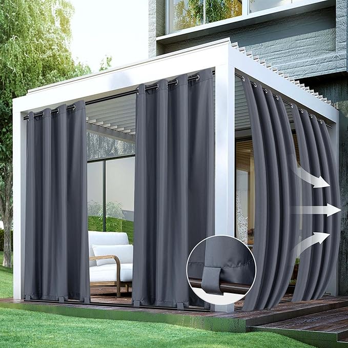 HolidayIdeas Outdoor Curtains for Patio Waterproof-4 Panels Windproof Weatherproof Privacy Curtains-Grommet Top and Tab Bottom Drape for Gazebo, Porch, Pergola, Cabana, Backyard 54x108 Inch Grey
