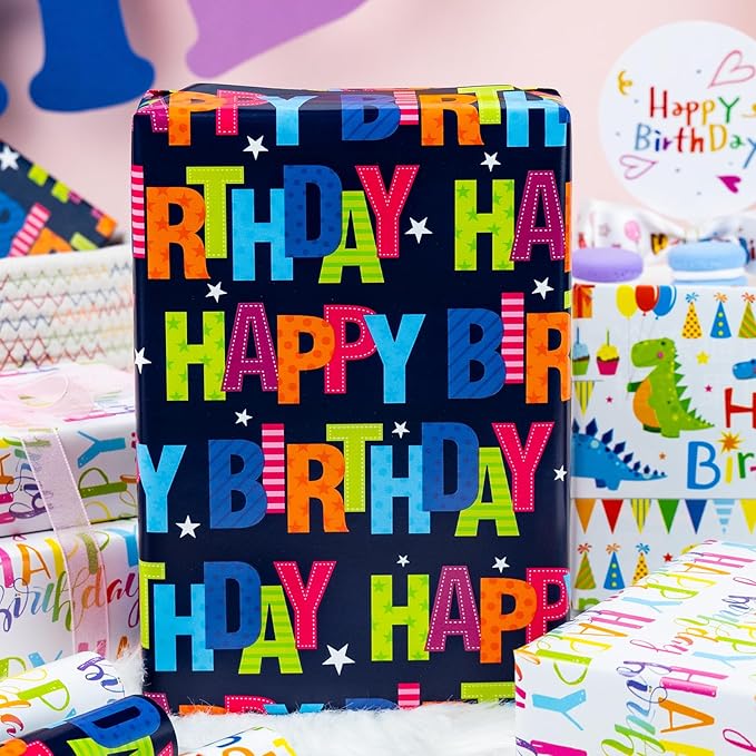 MAYPLUSS Dinosaur Birthday Wrapping Paper, Kid Gift Wrapping Paper, Happy Birthday Dinosaur Pattern Gift Wrap for Boys, Girls, Baby Shower(Mini Roll, 17 Inch x 120 Inch Per Roll)