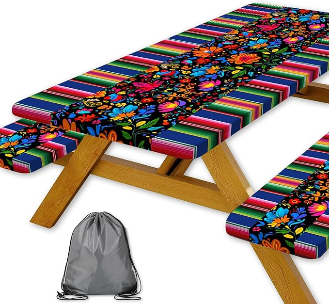 Mexico Picnic Table Cover with Bench Covers and Bag, Camping Essentials, Cinco De Mayo Fiesta Stripes Fitted Table Cover, 6ft Outdoor Tablecloth Waterproof Windproof with Elastic Edge 3 PCS 30x96 Inch
