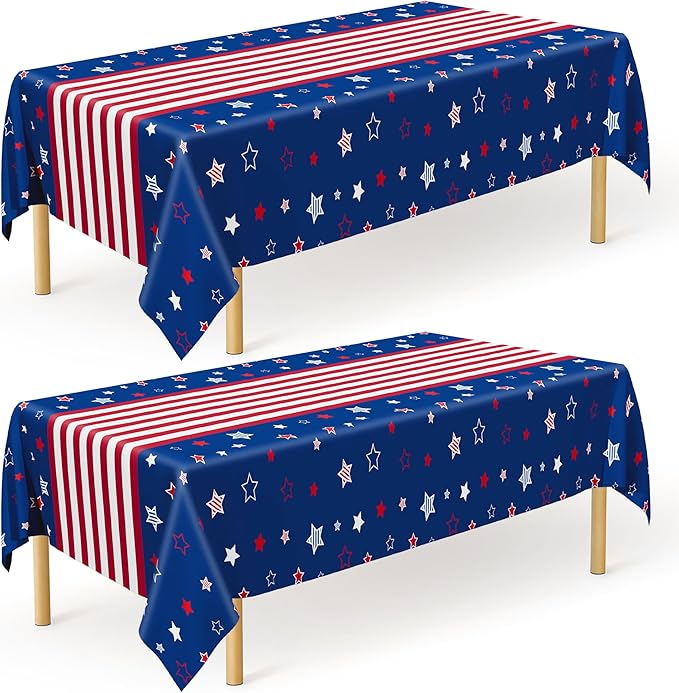 QZYL 2 Pack 4th of July Tablecloth, 54" x 108" American Plastic Table Cover, Disposable Red White Blue Tablecloths Fourth of July Table Cloth, Patriotic Party Supplies Independence Day Decorations
