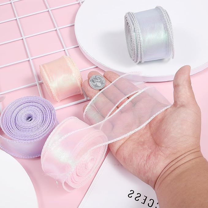 4 Rolls Iridescent Organza Ribbon Sheer 4 Colour Organza Ribbon, Sheer Easter Craft Decorative Ribbons 10 Yards Wired Chiffon Ribbons for Flowers Floral Bouquets Garlands Wedding Gift Wrapping Hair