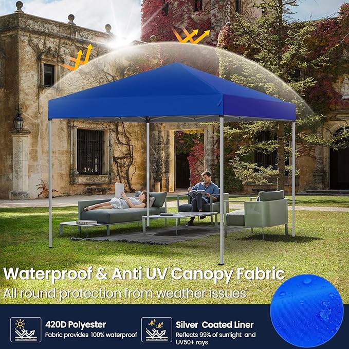 Shades 10x10 Pop Up Canopy, Heavy Duty Beach Tent with Carrying Bag for Easy Moving, Sun Shelter for Parties, Events, Camping, Outdoor Gazebo with 420D PU Coated Waterproof Blue Fabric