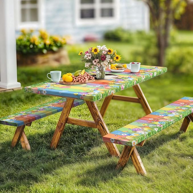 Easter Picnic Table Cover with Bench Covers, Cute Bunny Flower Colorful Wooden Board Camping Tablecloth, Waterproof Windproof, Fitted Tablecloth Cover with Elastic Edge, for Outdoor, 3 PCS, 30x60 Inch