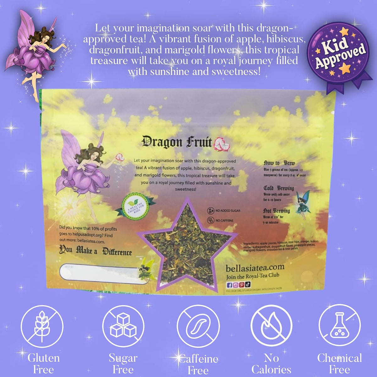 Bellasia Tea Dragon Fruit for Kids Using Real Fruit Pieces - Caffeine Free Herbal Tea Blend with Real Ingredients & Balanced Flavor- Add Loose Leaf