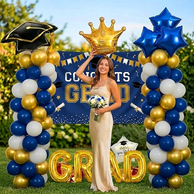 Navy blue White Gold Balloon Garland Arch Kit with backdrop Stars Graduation Cap crown GRAD Letters Mylar Balloons for 2026 graduate Prom Decorations