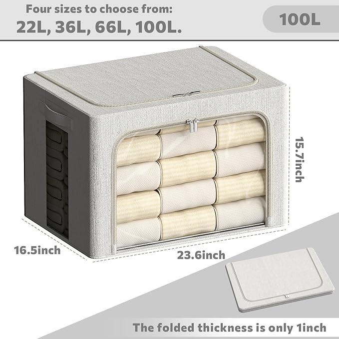 FHSQX 2 Pack Clear Window Storage Bins Large Stackable Linen Fabric Storage for Clothes Foldable Container Organizer Set with Carrying Handles (Lvory White, 23.6x 16.5x 15.7 Inch)