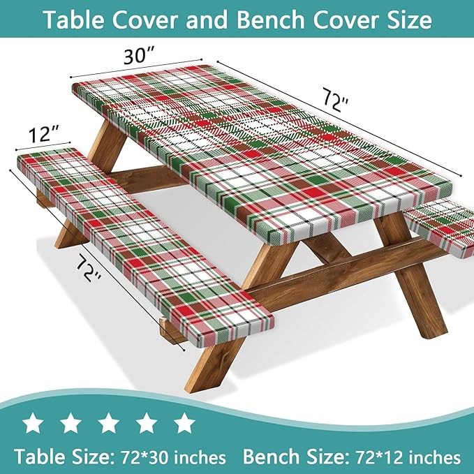 Red Green White Plaid Picnic Table Cover with Bench Covers and Bag, Camping Essentials, Water Resistant Windproof, Fitted Tablecloth Cover with Elastic Edge, for Indoor & Outdoor 3 PCS, 30x72 Inch