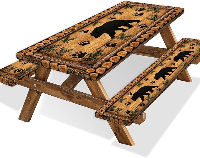 Forest Theme Picnic Table Cover with Bench Covers 6FT, Camping Essentials, Wood Grain Bear Waterproof Windproof Oilproof, Fitted Tablecloth Cover with Elastic Edge for Outdoor Garden 3 PCS 30x60 Inch