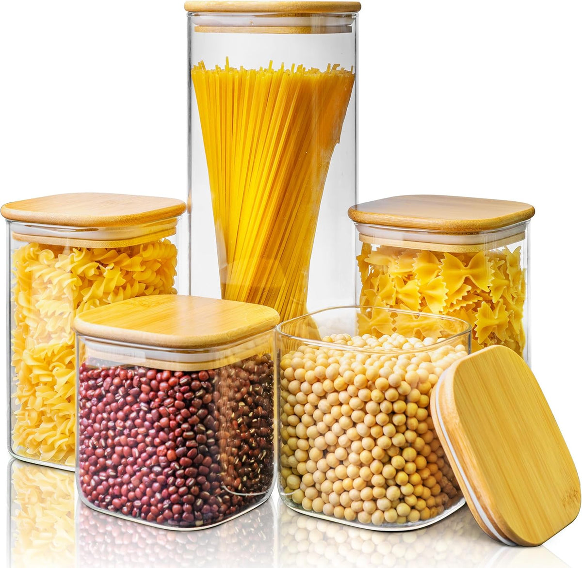 Multi Size - 5 Pack Square Glass Jars with Bamboo Lids, Glass Food Storage Containers with Airtight Lids for Kitchen