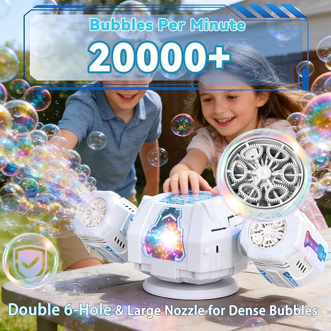 Upgraded Mecha Style Bubble Machine, Rechargeable Type-C Powered Bubble Blower with Remote Control, 360° Automatic Rotation & RGB Lights, 35k+ Bubbles/Min, Bubbles for Kids, Parties, Weddings, Outdoor