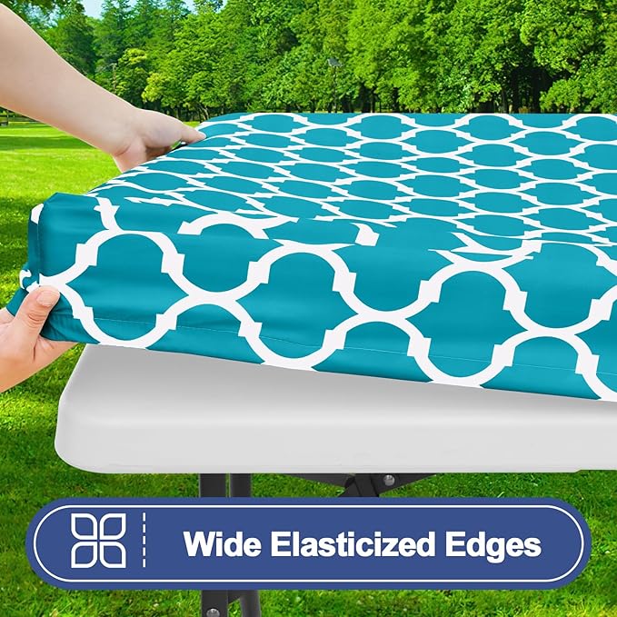 Smiry Picnic Table Cover with Bench Covers, Waterproof Elastic Fitted Tablecloth for 5 Foot Tables, Washable Polyester Tablecloths for Camping, Indoor & Outdoor (Aqua, 30x60 Inch 3-pc Set)