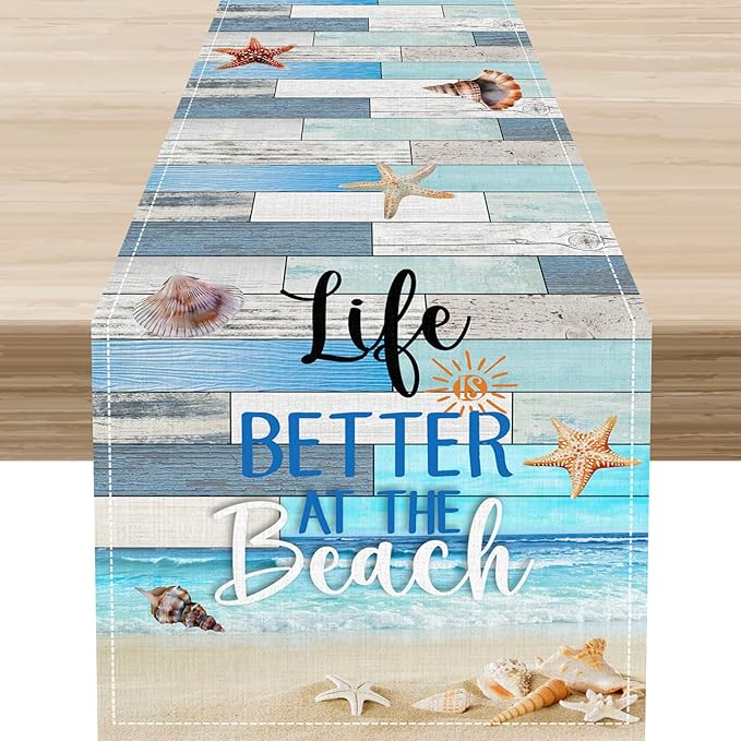 Summer Beach Table Runner, Nautical Starfish Seashell Ocean Retro Wooden Plank Coffee Table Center Decor for Home Kitchen Dining Patio Holiday Party Table Decorations 13"x90"