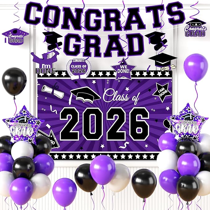 Graduation Decorations 2026, Purple Black Graduation Party Decorations Set with Class of 2026 Backdrop Congrats Grad Banner 18inch Foil Grad Star Balloons Hanging Streamers Kit for High School College