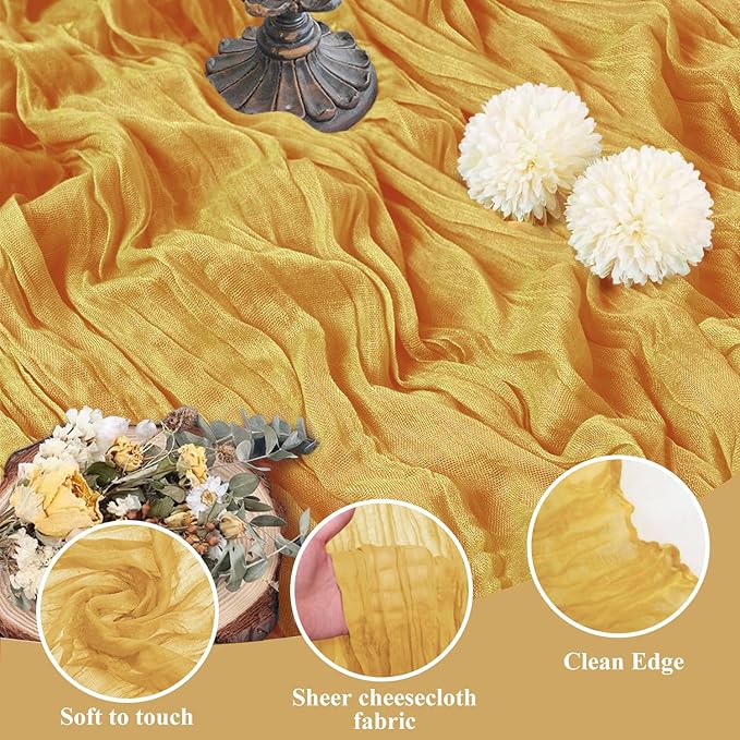 Asee'm 2pcs Cheesecloth Table Runner 120 Inches Long Gold Boho Gauze Cheese Cloth Runner 10FT Rustic Sheer Table Runners for Christmas Wedding Party Baby Shower Spring Easter Decoration